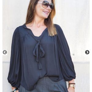 NWT Soaked in Luxury Black SL Everlyn Blouse Long Sleeves Neck Tie